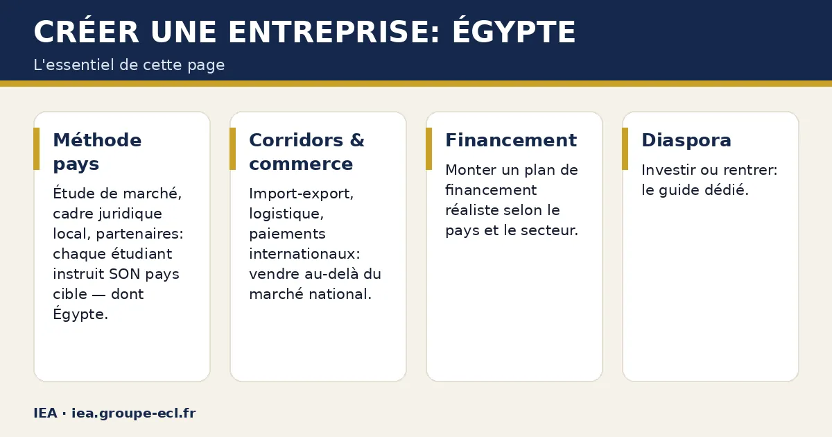 Schéma : Créer une entreprise: Égypte — Méthode pays ; Corridors & commerce ; Financement ; Diaspora.