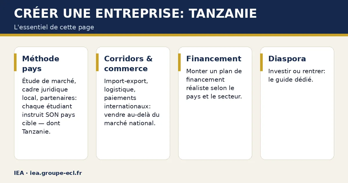 Schéma : Créer une entreprise: Tanzanie — Méthode pays ; Corridors & commerce ; Financement ; Diaspora.