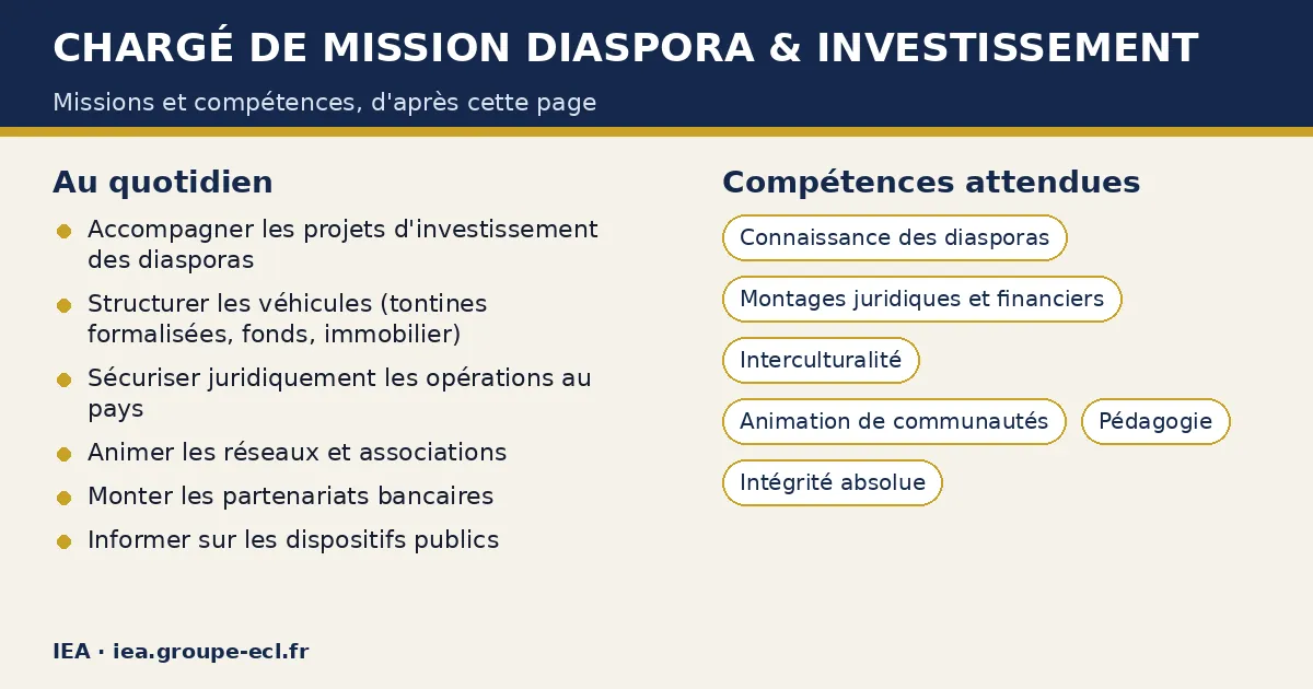 Schéma : Chargé de mission diaspora & investissement — missions : Accompagner les projets d'investissement des diasporas, Structurer les véhicules (tontines formalisées, fonds, immobilier), Sécuriser juridiquement les opérations au pays ; compétences : Connaissance des diasporas, Montages juridiques et financiers, Interculturalité.