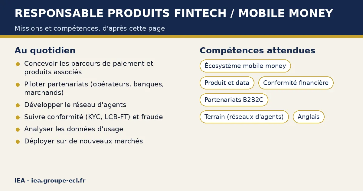 Schéma : Responsable produits fintech / mobile money — missions : Concevoir les parcours de paiement et produits associés, Piloter partenariats (opérateurs, banques, marchands), Développer le réseau d'agents ; compétences : Écosystème mobile money, Produit et data, Conformité financière.